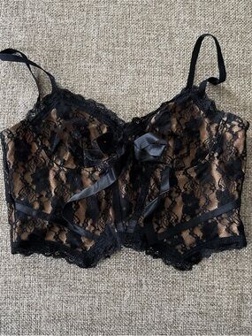 Source Unknown Black Lace Crop Bralette with Nude Underlay